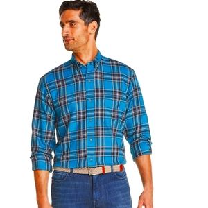Izod Blue (Fjord Blue) Plaid Long Sleeve Flannel Button Down Shirt